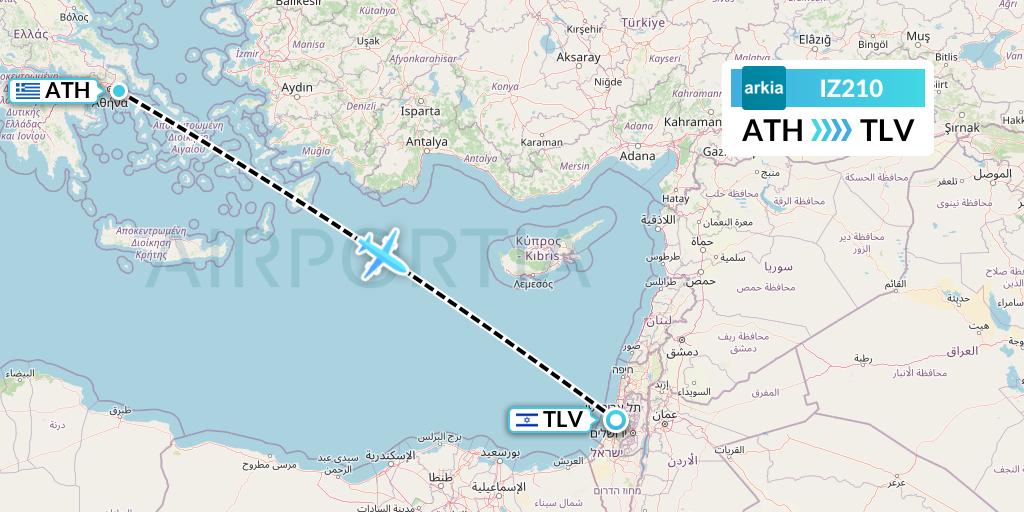 IZ210 Arkia Israeli Airlines Flight Map: Athens to Tel Aviv