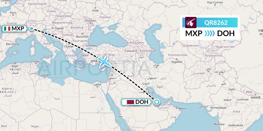QR8262 Qatar Airways Flight Map: Milan to Doha