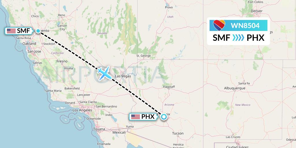 WN8504 Southwest Airlines Flight Map: Sacramento to Phoenix