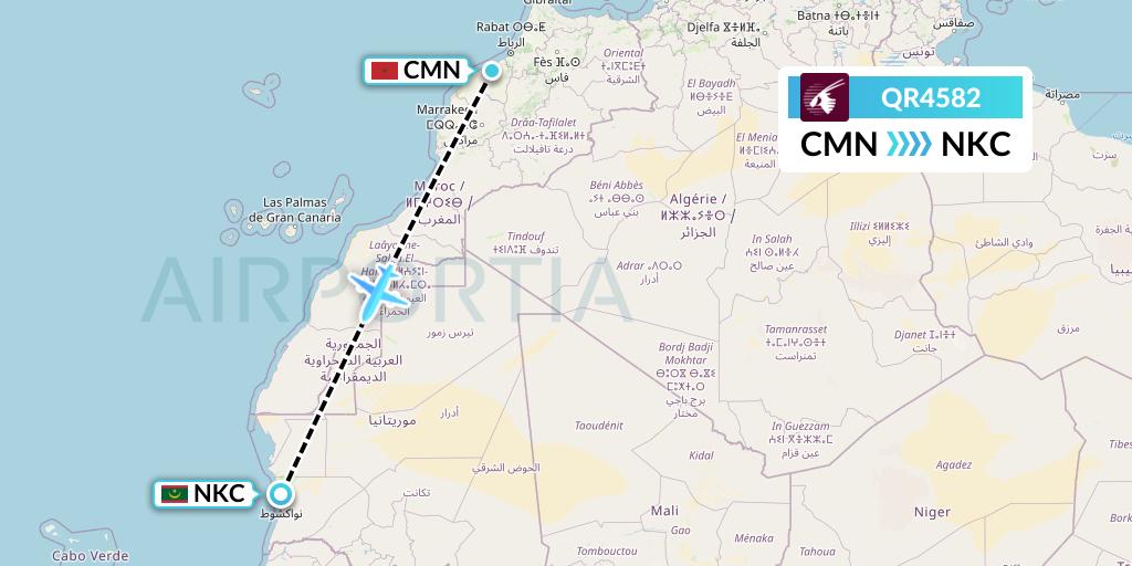 QR4582 Qatar Airways Flight Map: Casablanca to Nouakchott