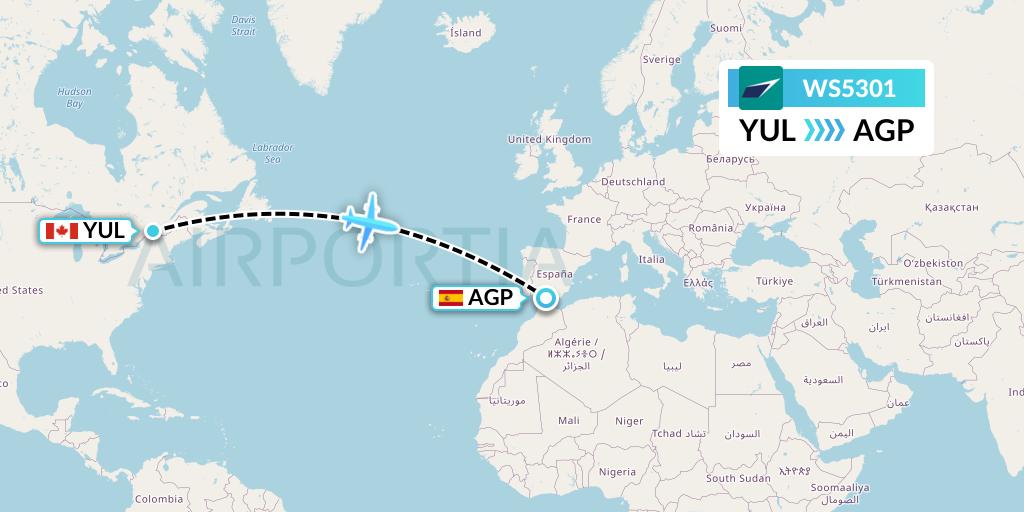 WS5301 WestJet Flight Map: Montreal to Malaga