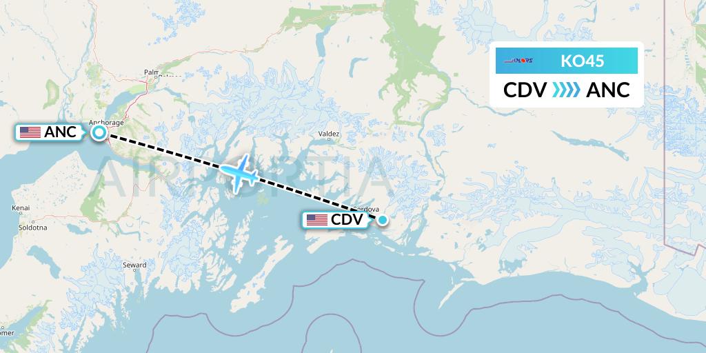 KO45 Komiaviatrans Flight Map: Cordova to Anchorage