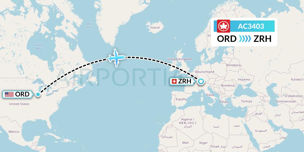 AC3403 Air Canada Flight Map: Chicago to Zurich