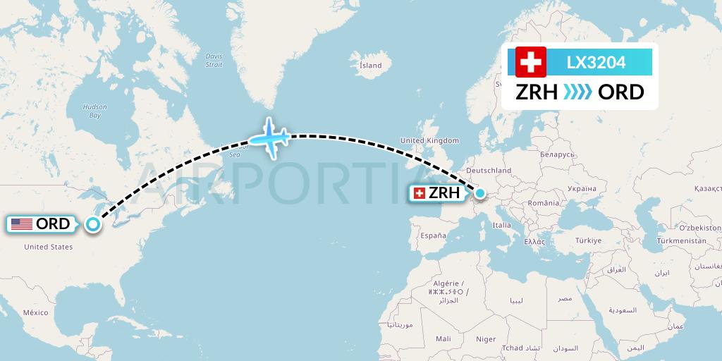 LX3204 Swiss Flight Map: Zurich to Chicago