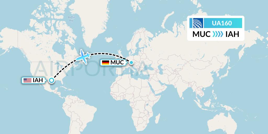 UA160 United Airlines Flight Map: Munich to Houston
