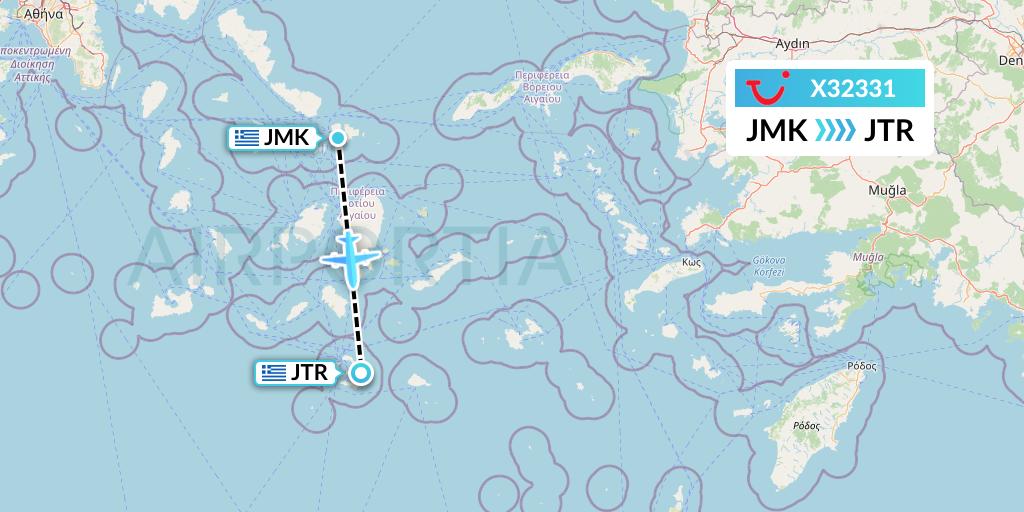 X32331 TUI fly Germany Flight Map: Mykonos to Santorini