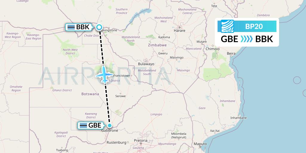 BP20 Air Botswana Flight Map: Gaborone to Kasane