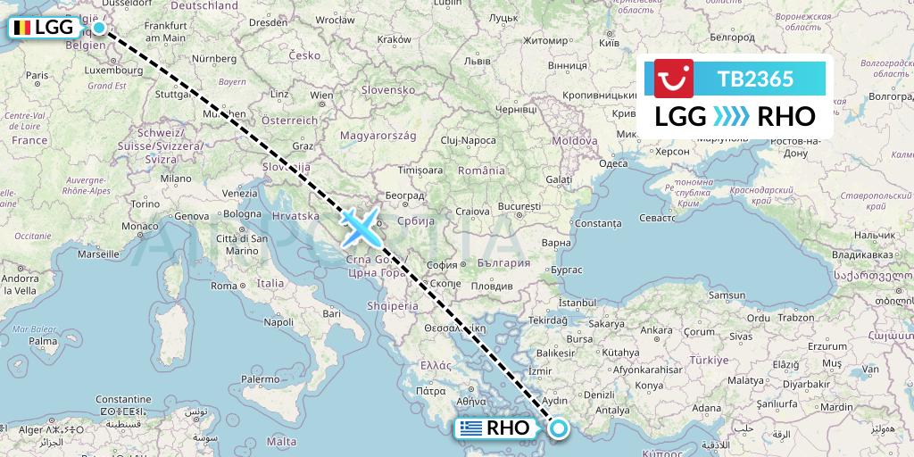 TB2365 TUI fly Belgium Flight Map: Liege to Rhodes