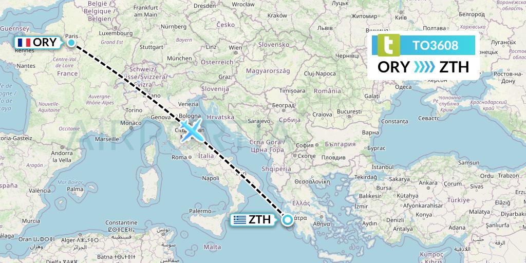 TO3608 Transavia France Flight Map: Paris to Zakynthos