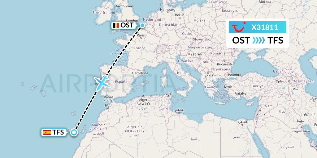 X31811 TUI fly Germany Flight Map: Ostend to Tenerife