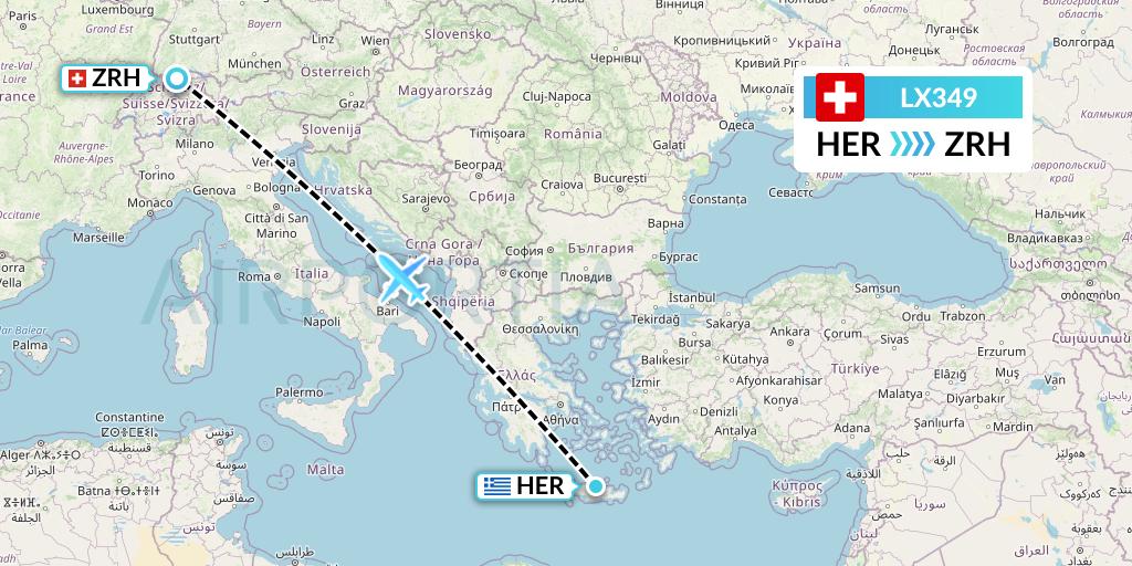 LX349 Swiss Flight Map: Heraklion to Zurich