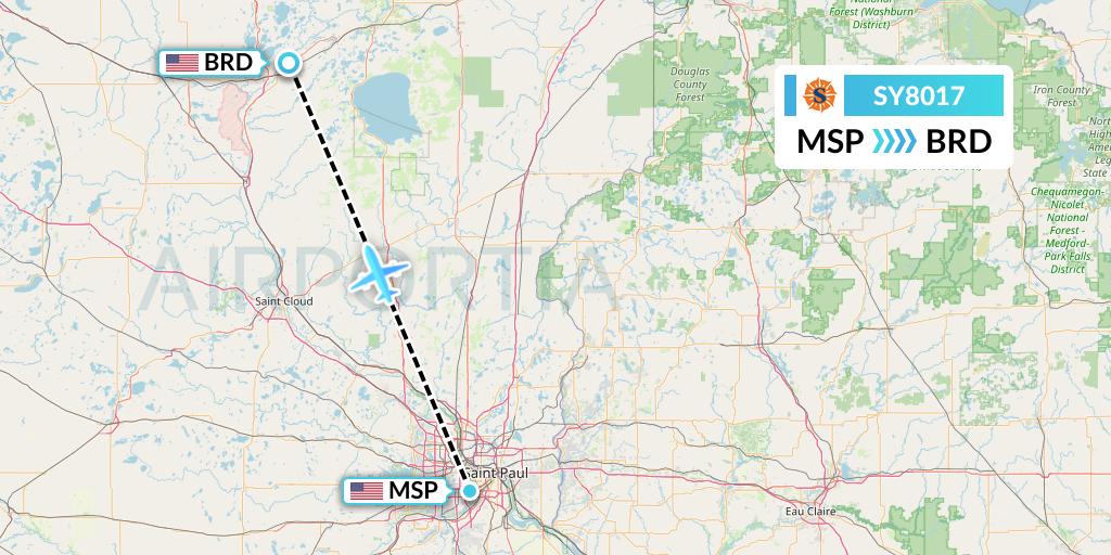 SY8017 Sun Country Airlines Flight Map: Minneapolis to Brainerd