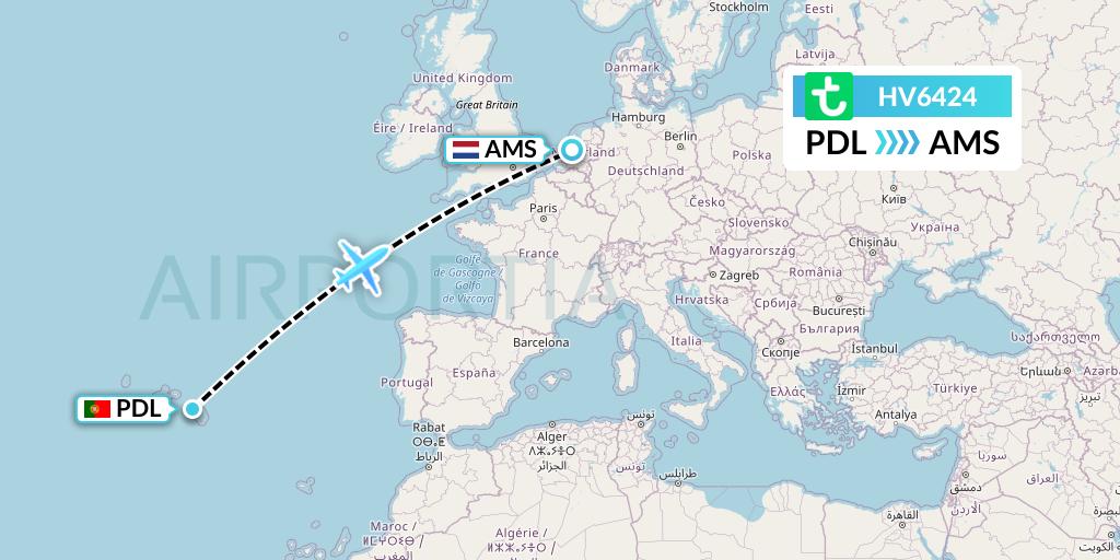 HV6424 Transavia Flight Map: Ponta Delgada to Amsterdam