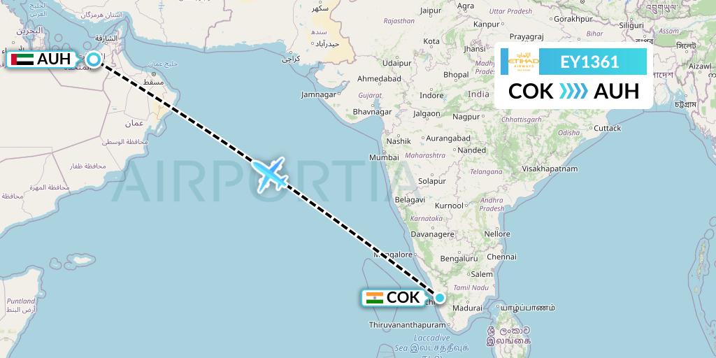 EY1361 Etihad Airways Flight Map: Cochin to Abu Dhabi