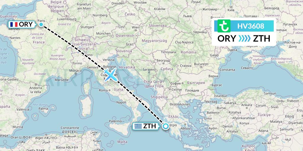 HV3608 Transavia Flight Map: Paris to Zakynthos