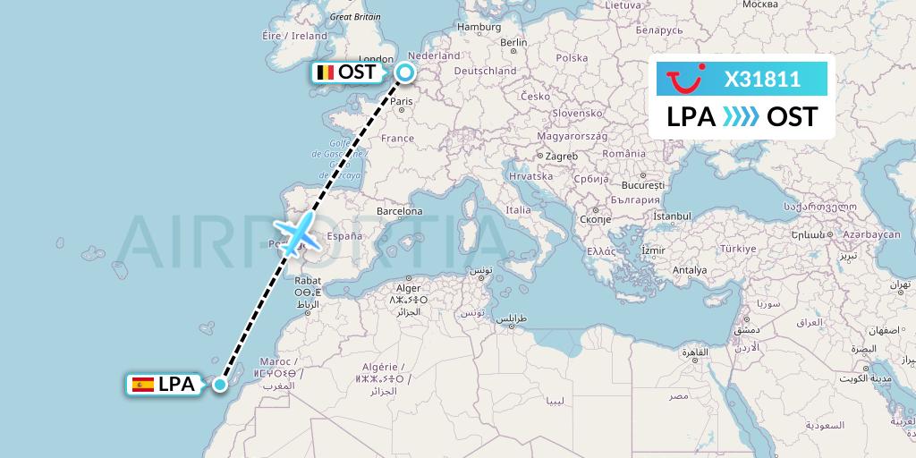 X31811 TUI fly Germany Flight Map: Las Palmas to Ostend