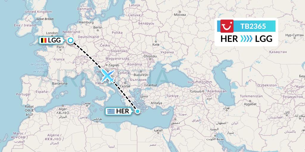 TB2365 TUI fly Belgium Flight Map: Heraklion to Liege
