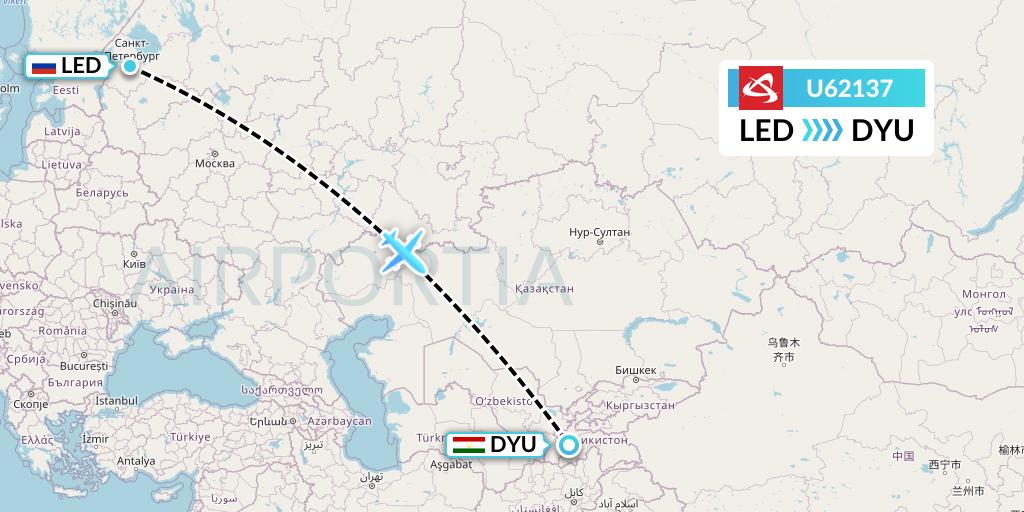 U62137 Ural Airlines Flight Map: St. Petersburg to Dushanbe
