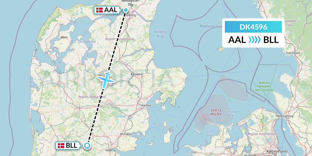 DK4596 Thomas Cook Airlines Scandinavia Flight Map: Aalborg to Billund
