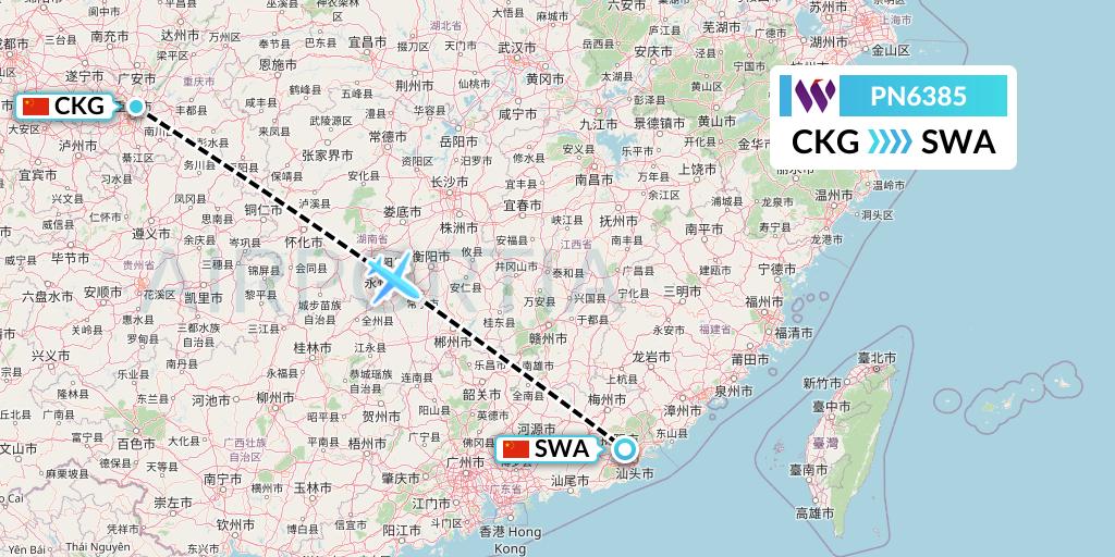 PN6385 China West Air Flight Map: Chongqing to Jieyang