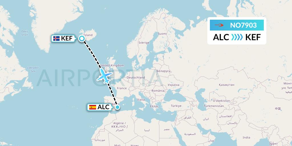 NO7903 Neos Flight Map: Alicante to Reykjavik