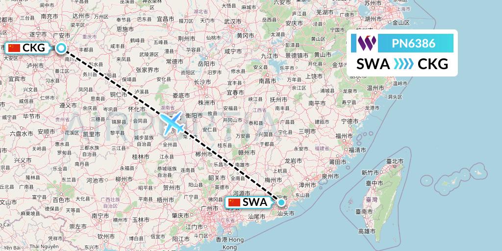 PN6386 China West Air Flight Map: Jieyang to Chongqing