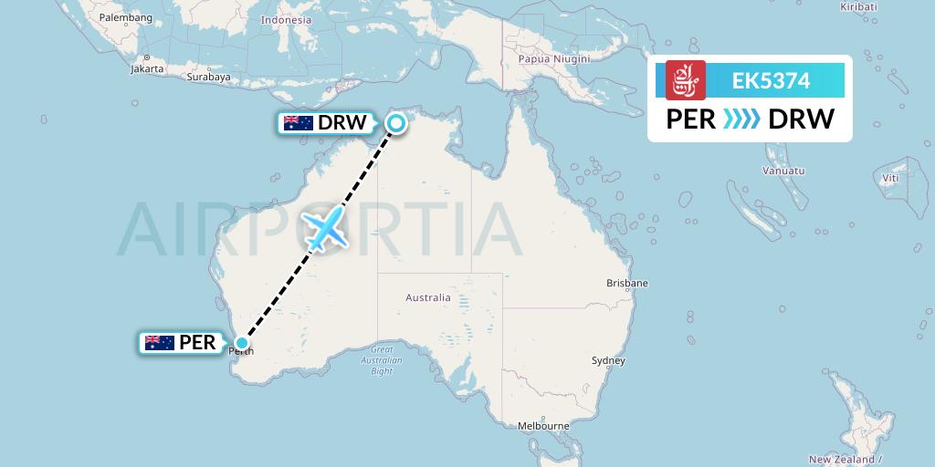 EK5374 Emirates Flight Map: Perth to Darwin