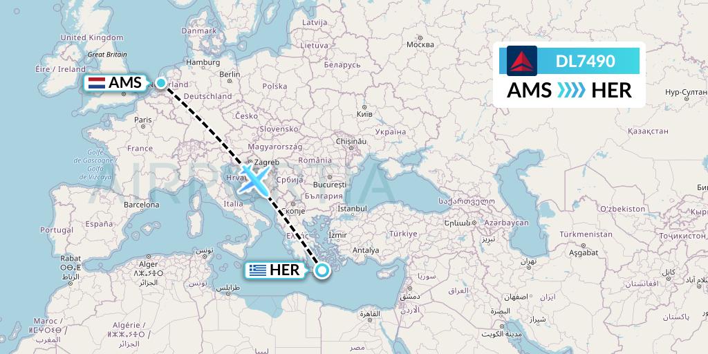 DL7490 Delta Air Lines Flight Map: Amsterdam to Heraklion