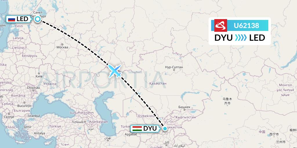 U62138 Ural Airlines Flight Map: Dushanbe to St. Petersburg