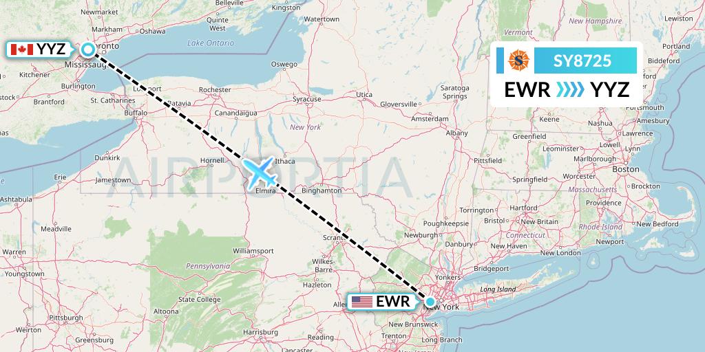 SY8725 Sun Country Airlines Flight Map: New York to Toronto
