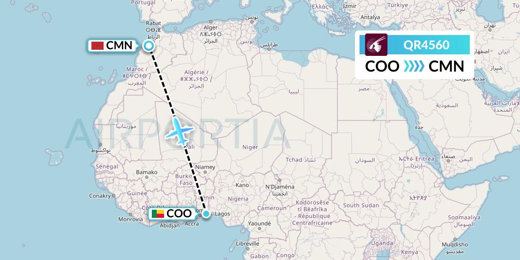 QR4560 Qatar Airways Flight Map: Cotonou to Casablanca
