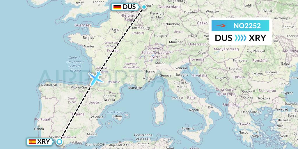 NO2252 Neos Flight Map: Dusseldorf to Jerez