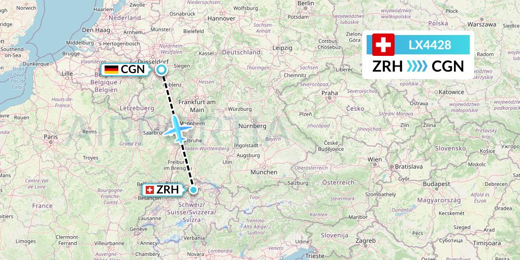 LX4428 Swiss Flight Map: Zurich to Cologne