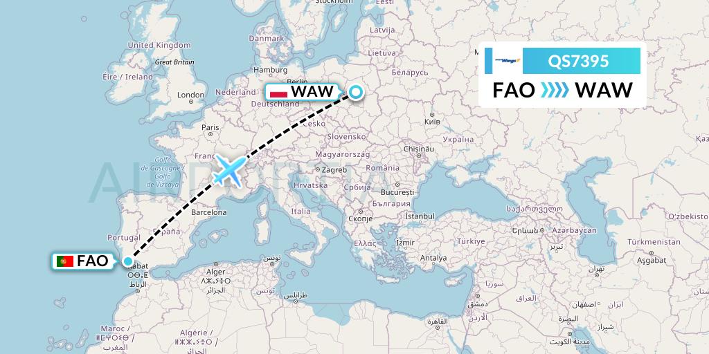 QS7395 Smartwings Flight Map: Faro to Warsaw