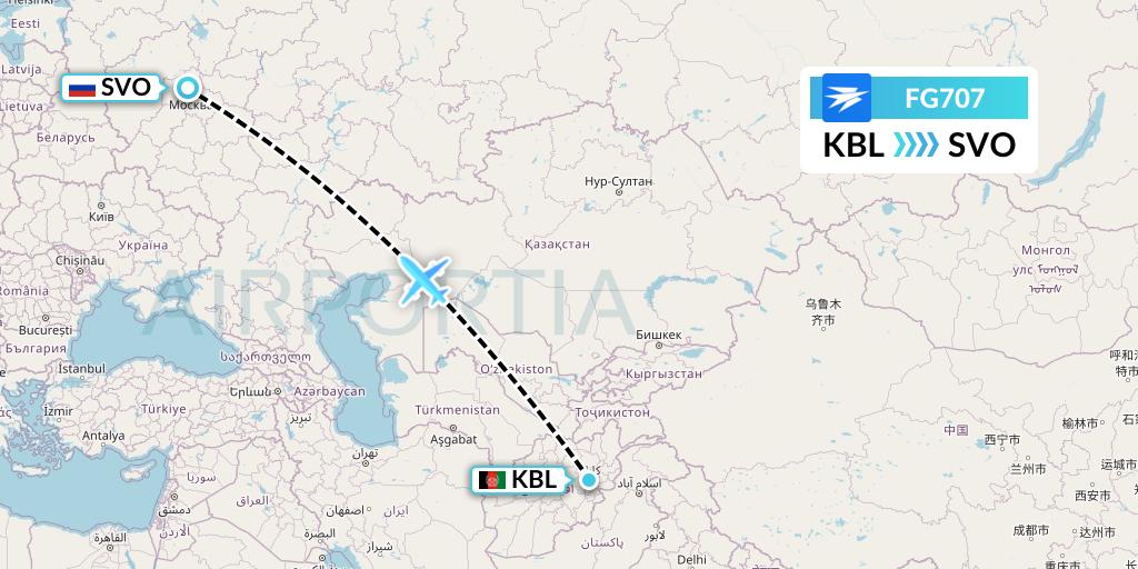 FG707 Ariana Afghan Airlines Flight Map: Kabul to Moscow