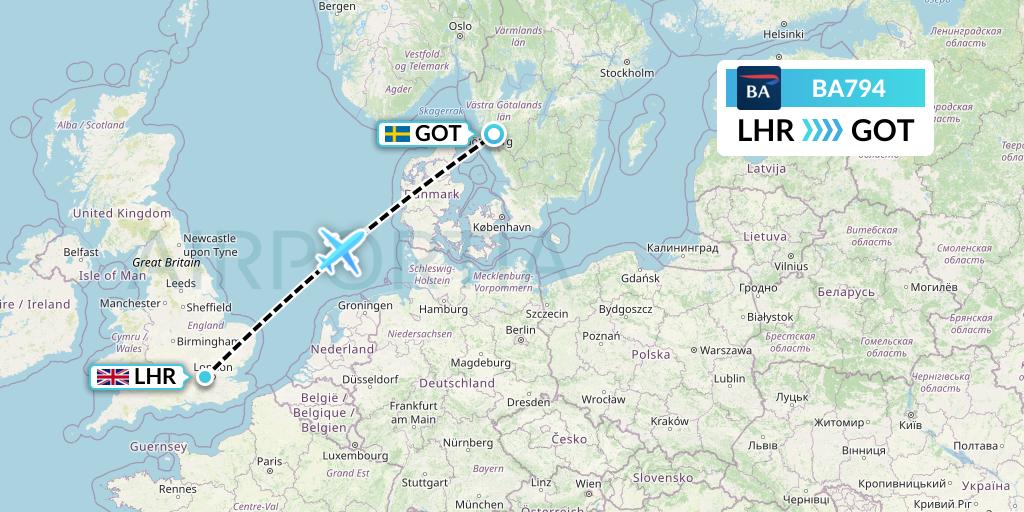 BA794 British Airways Flight Map: London to Gothenburg