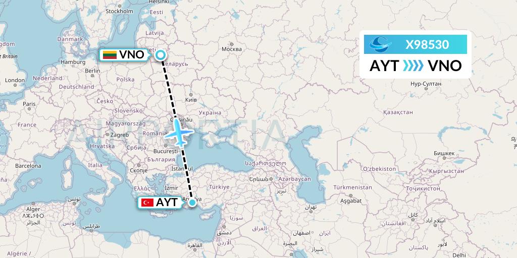 X98530 Avion Express Flight Map: Antalya to Vilnius