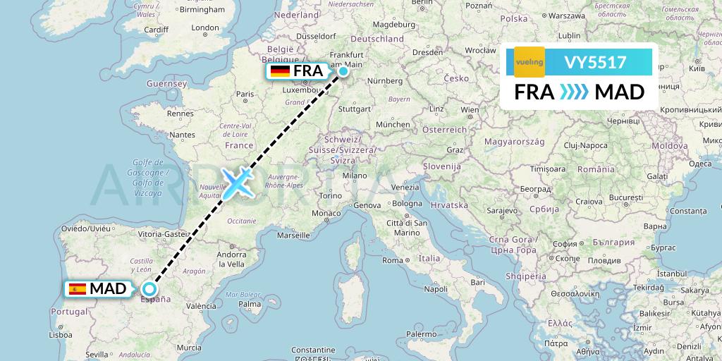 VY5517 Vueling Flight Map: Frankfurt to Madrid