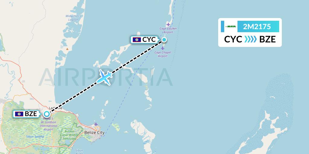 2M2175 Maya Island Air Flight Map: Caye Chapel to Belize City