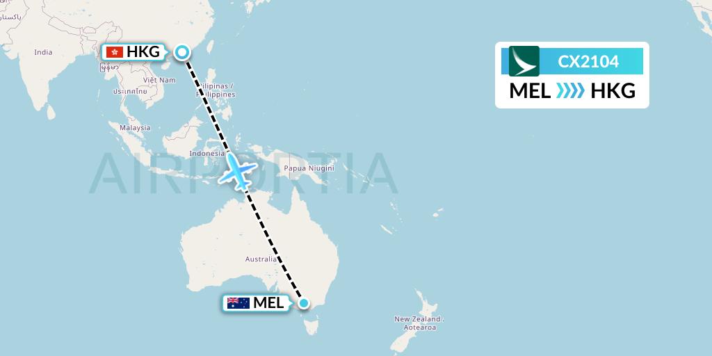 CX2104 Cathay Pacific Flight Map: Melbourne to Hong Kong