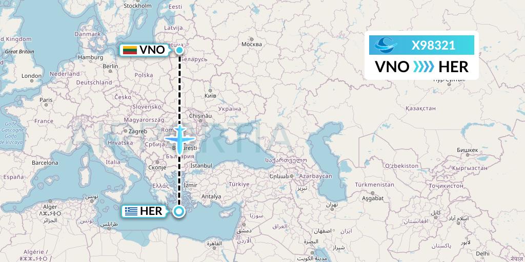 X98321 Avion Express Flight Map: Vilnius to Heraklion