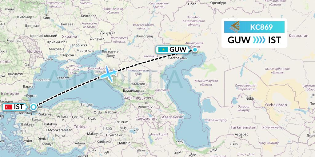 KC869 Air Astana Flight Map: Atyrau to Istanbul