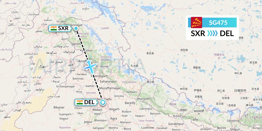 SG475 SpiceJet Flight Map: Srinagar to Delhi
