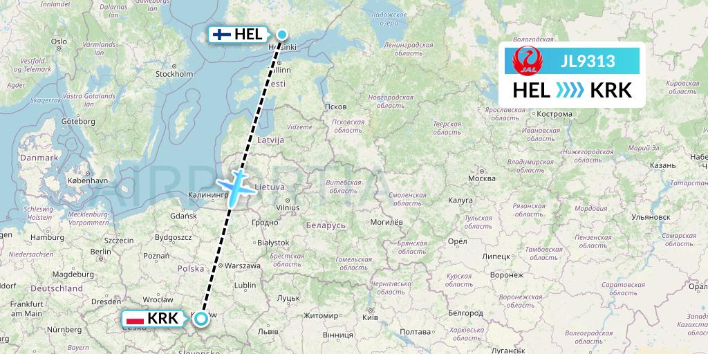 JL9313 Japan Airlines Flight Map: Helsinki to Krakow