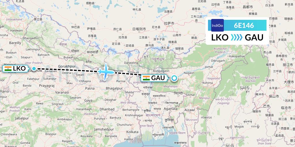 6E146 IndiGo Airlines Flight Map: Lucknow to Guwahati