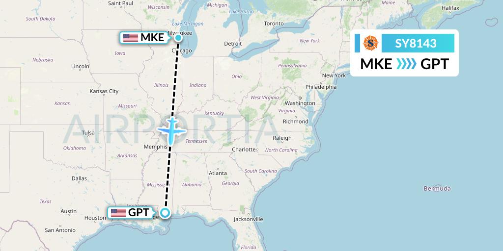 SY8143 Sun Country Airlines Flight Map: Milwaukee to Gulfport