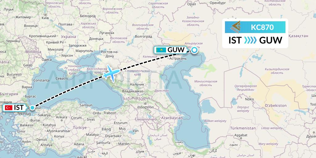 KC870 Air Astana Flight Map: Istanbul to Atyrau