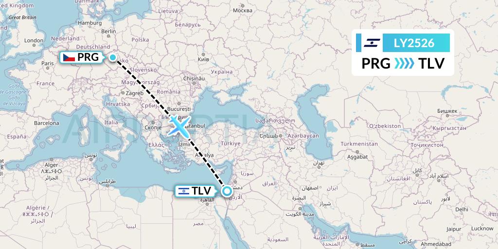 LY2526 El Al Flight Map: Prague to Tel Aviv