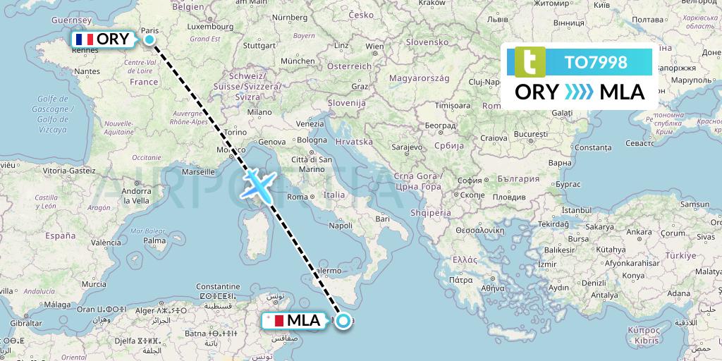 TO7998 Transavia France Flight Map: Paris to Malta