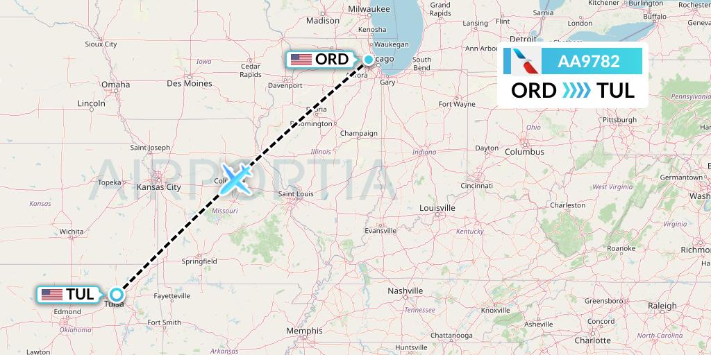 AA9782 American Airlines Flight Map: Chicago to Tulsa